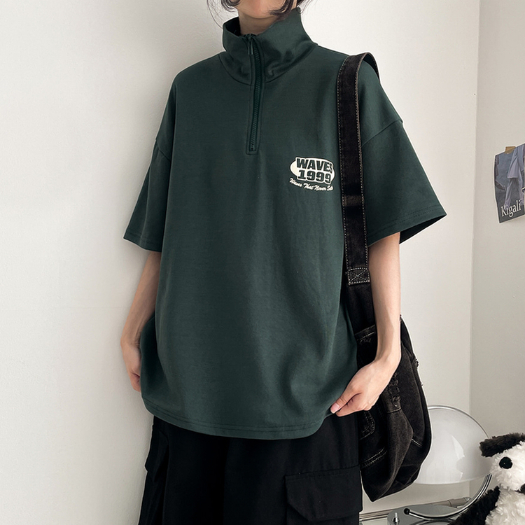 レタリングハーフジップアップ半袖Tシャツ｜半袖Tシャツ｜韓国
