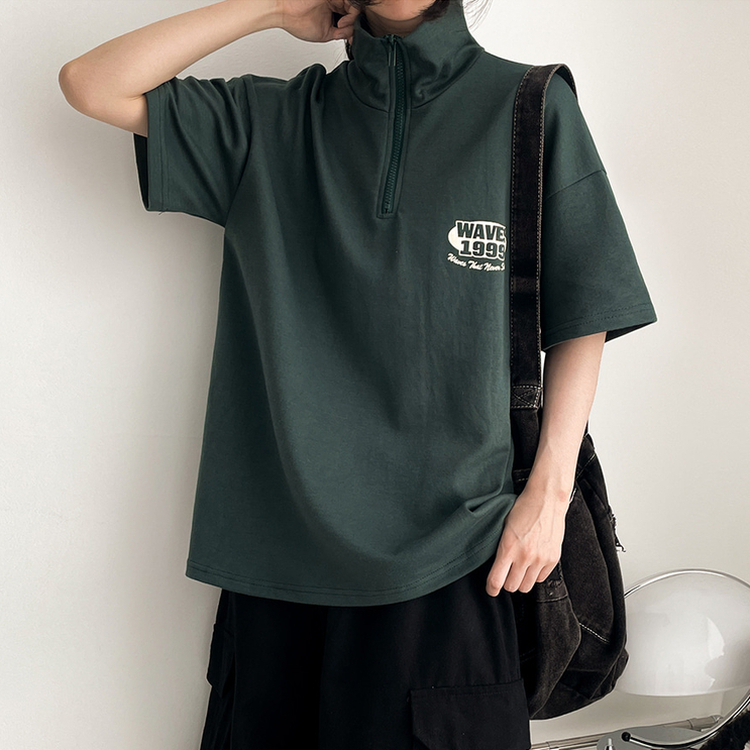 レタリングハーフジップアップ半袖Tシャツ｜半袖Tシャツ｜韓国