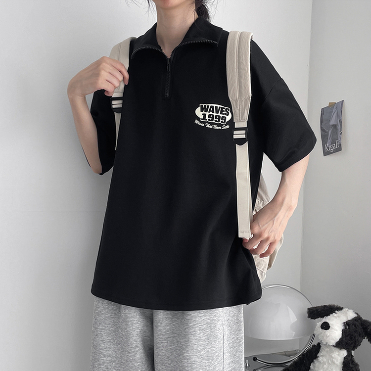 レタリングハーフジップアップ半袖Tシャツ｜半袖Tシャツ｜韓国