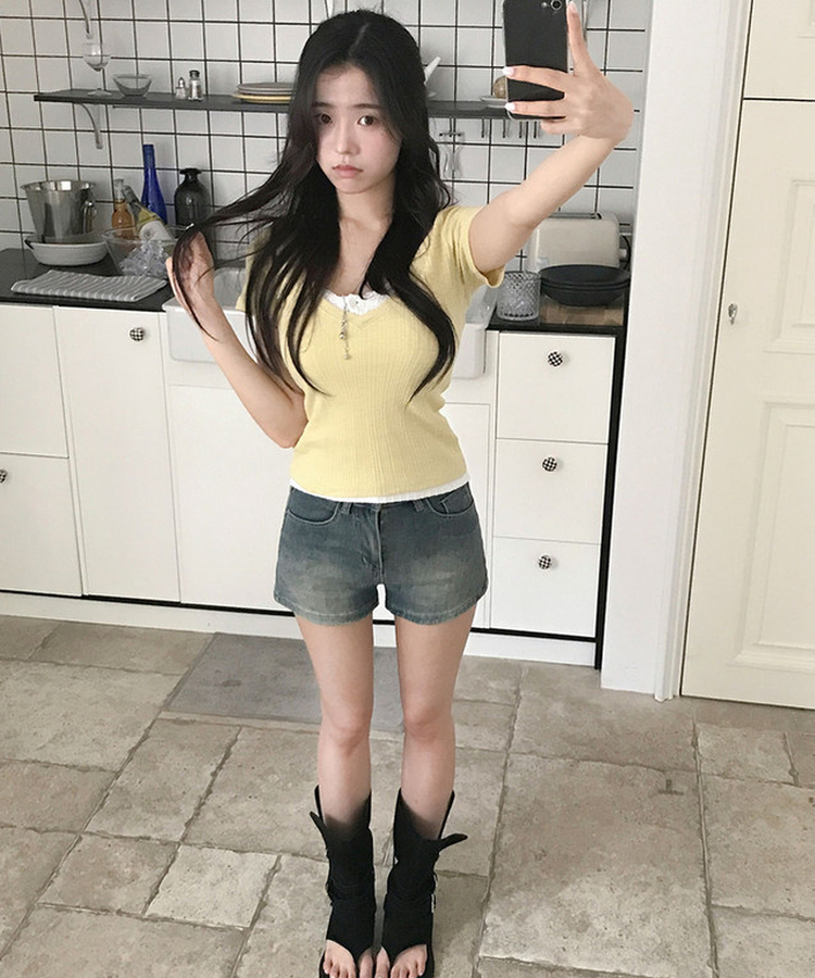 젠트 슬림핏 스판 데님 코튼 숏 팬츠 진청