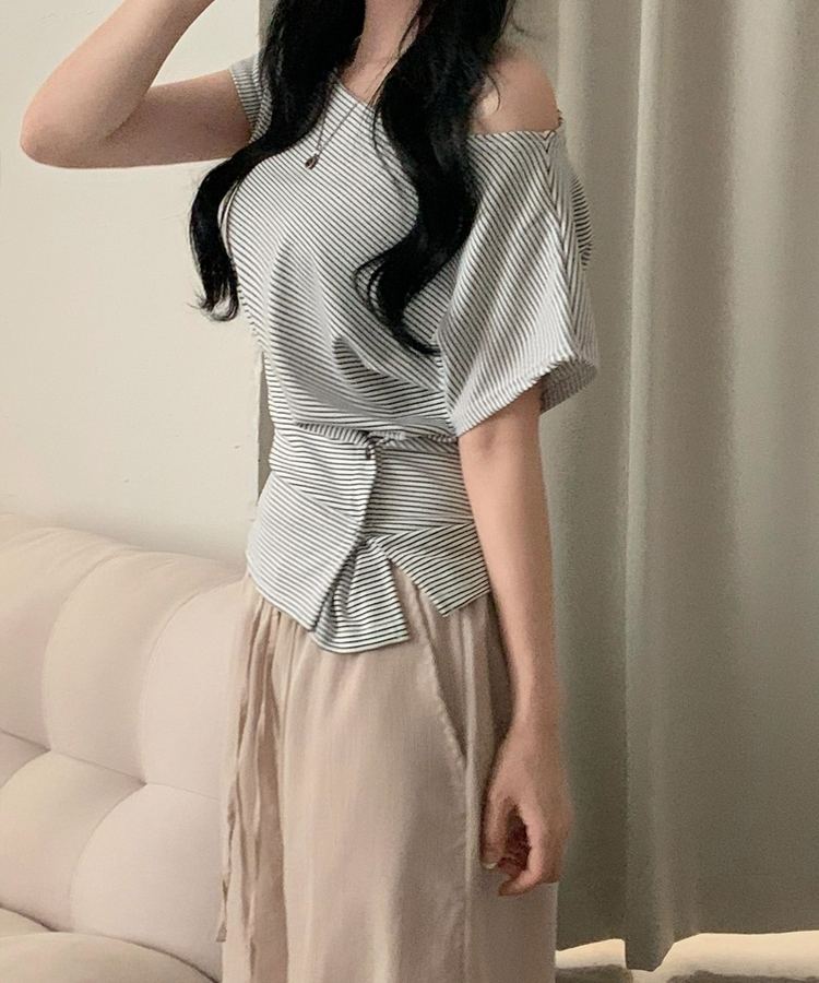 모브 스트라이프 버튼 반팔티셔츠오프숄더 3color 아이보리