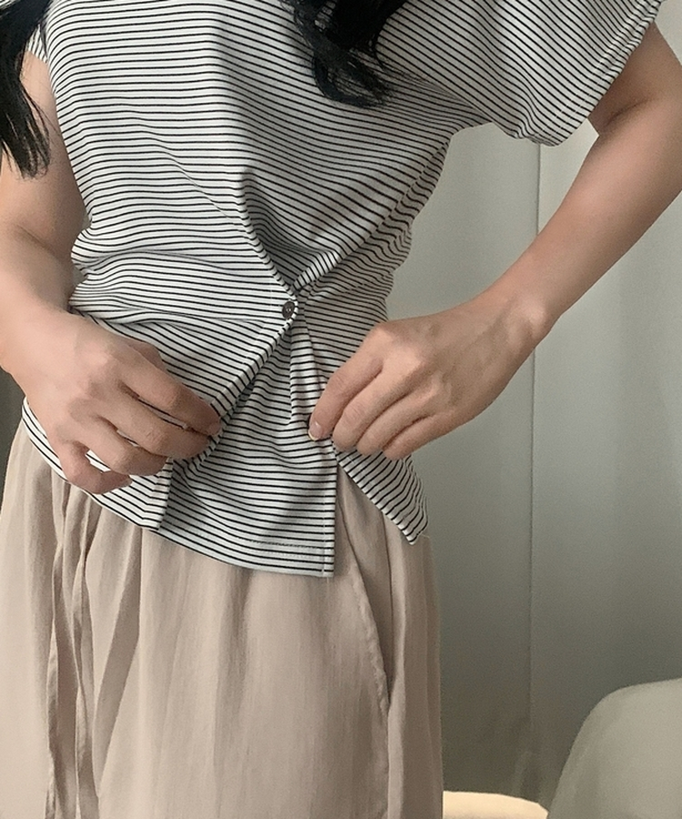 모브 스트라이프 버튼 반팔티셔츠오프숄더 3color 아이보리