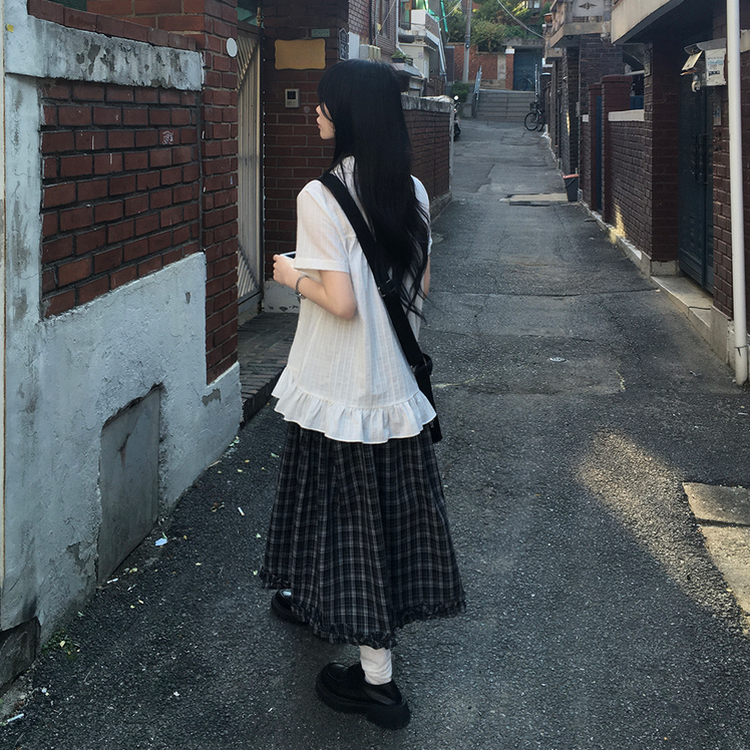 모리걸 프릴 밴딩 A라인 플레어 캉캉 맥시 체크 롱스커트 체크