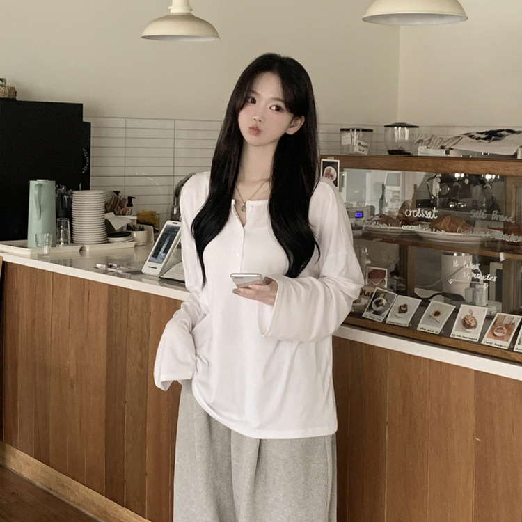 차르르 헨리넥 와이드 소매 오버핏 왕박시 버튼 긴팔티셔츠 상체커버 팔뚝살커버 빅사이즈 장마룩 살안타템 아이보리