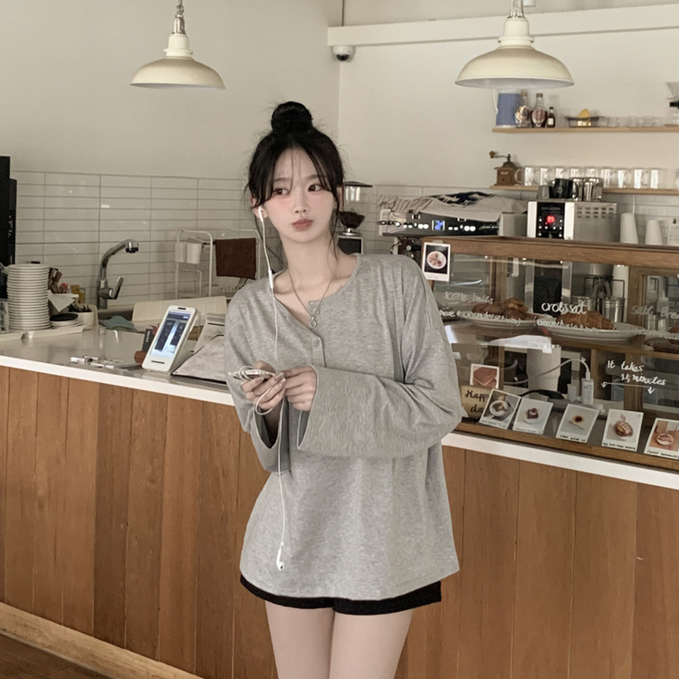 차르르 헨리넥 와이드 소매 오버핏 왕박시 버튼 긴팔티셔츠 상체커버 팔뚝살커버 빅사이즈 장마룩 살안타템 그레이