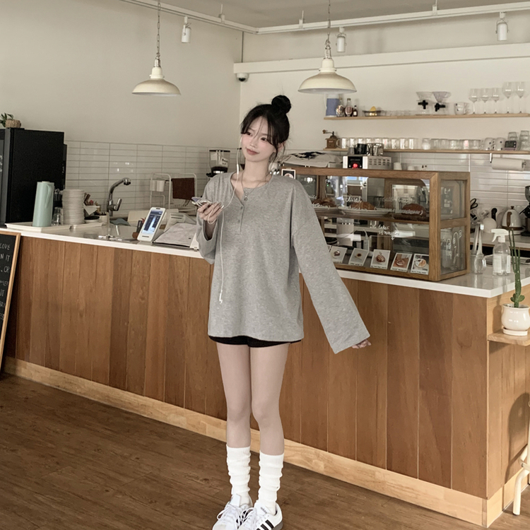 차르르 헨리넥 와이드 소매 오버핏 왕박시 버튼 긴팔티셔츠 상체커버 팔뚝살커버 빅사이즈 장마룩 살안타템 그레이