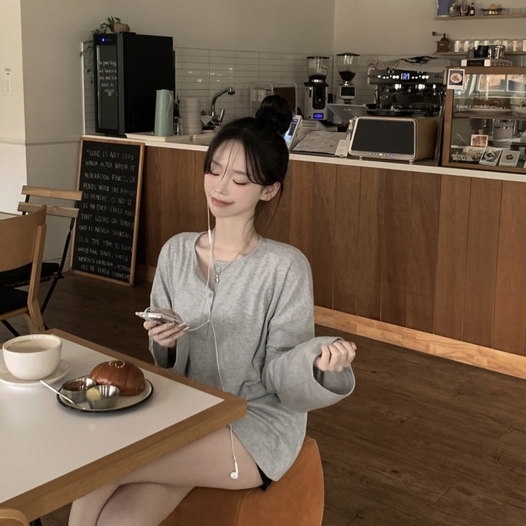 차르르 헨리넥 와이드 소매 오버핏 왕박시 버튼 긴팔티셔츠 상체커버 팔뚝살커버 빅사이즈 장마룩 살안타템 그레이