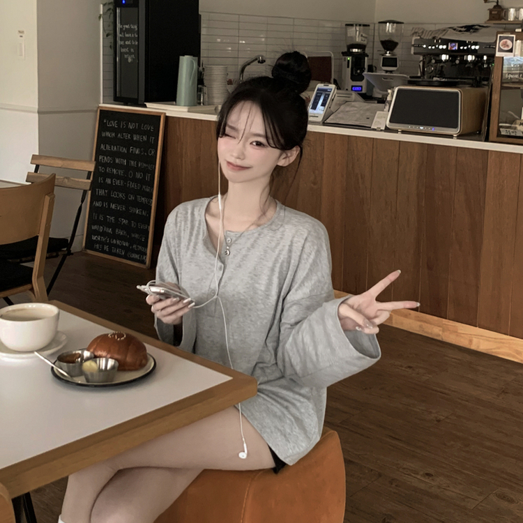 차르르 헨리넥 와이드 소매 오버핏 왕박시 버튼 긴팔티셔츠 상체커버 팔뚝살커버 빅사이즈 장마룩 살안타템 그레이
