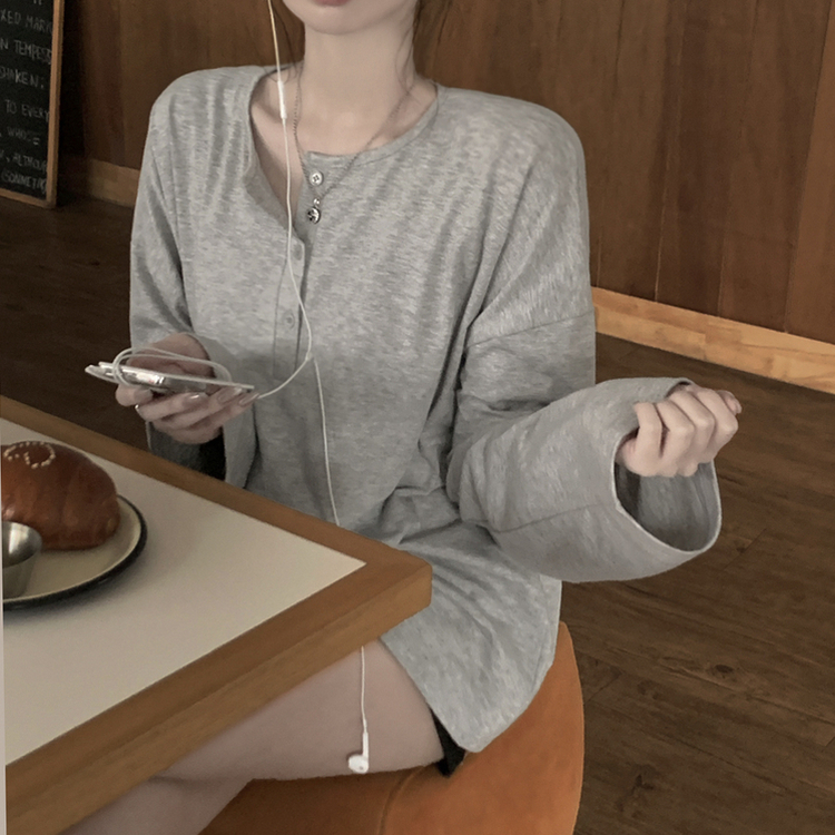 차르르 헨리넥 와이드 소매 오버핏 왕박시 버튼 긴팔티셔츠 상체커버 팔뚝살커버 빅사이즈 장마룩 살안타템 그레이