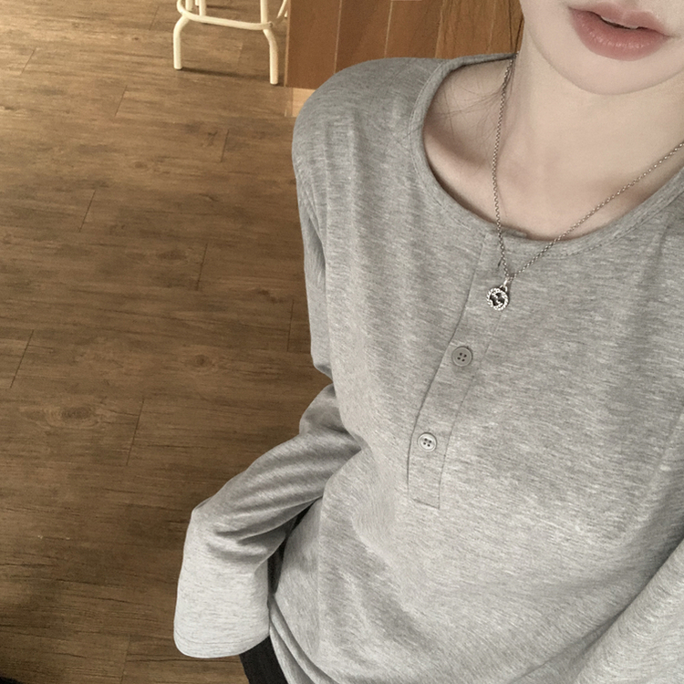 차르르 헨리넥 와이드 소매 오버핏 왕박시 버튼 긴팔티셔츠 상체커버 팔뚝살커버 빅사이즈 장마룩 살안타템 그레이