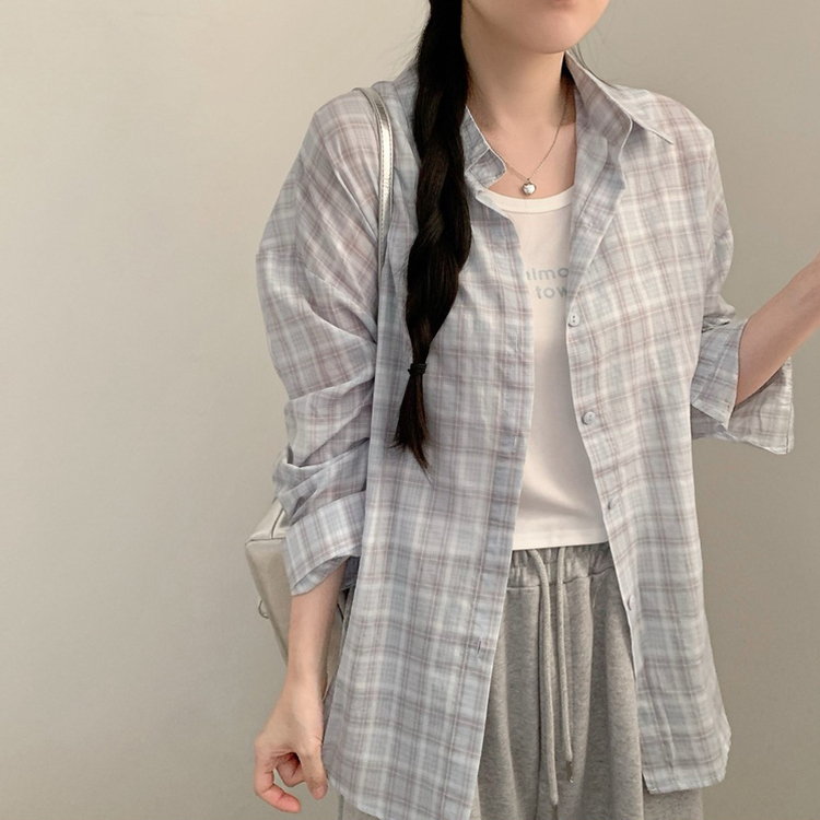 블루 밀크 파스텔 체크 긴팔 셔츠 레터링 나시 세트 여름 상의 여름옷 봄 봄옷 빈티지 소라 핑크 소라