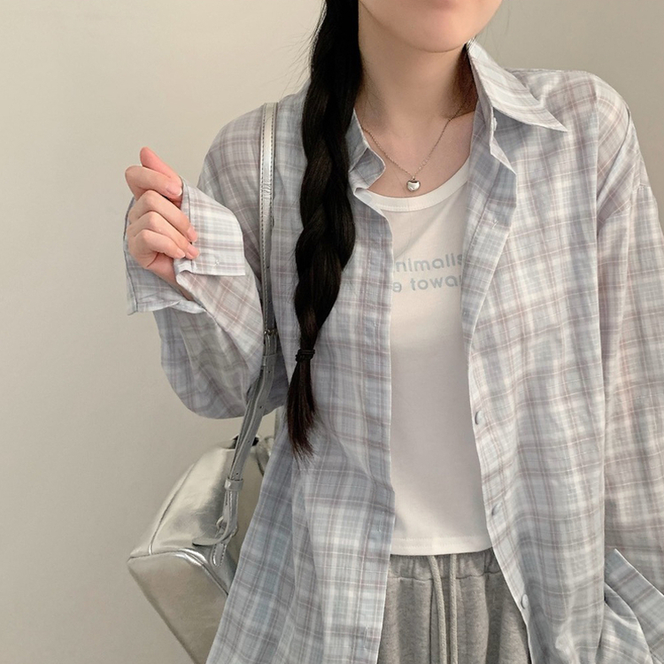 블루 밀크 파스텔 체크 긴팔 셔츠 레터링 나시 세트 여름 상의 여름옷 봄 봄옷 빈티지 소라 핑크 소라