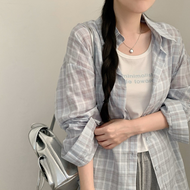블루 밀크 파스텔 체크 긴팔 셔츠 레터링 나시 세트 여름 상의 여름옷 봄 봄옷 빈티지 소라 핑크 소라