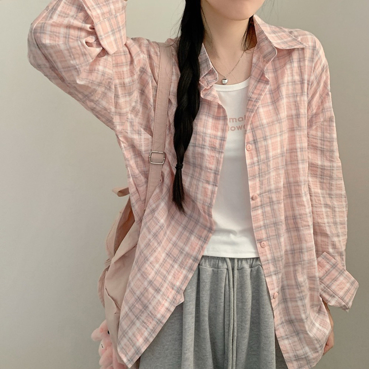 블루 밀크 파스텔 체크 긴팔 셔츠 레터링 나시 세트 여름 상의 여름옷 봄 봄옷 빈티지 소라 핑크 핑크