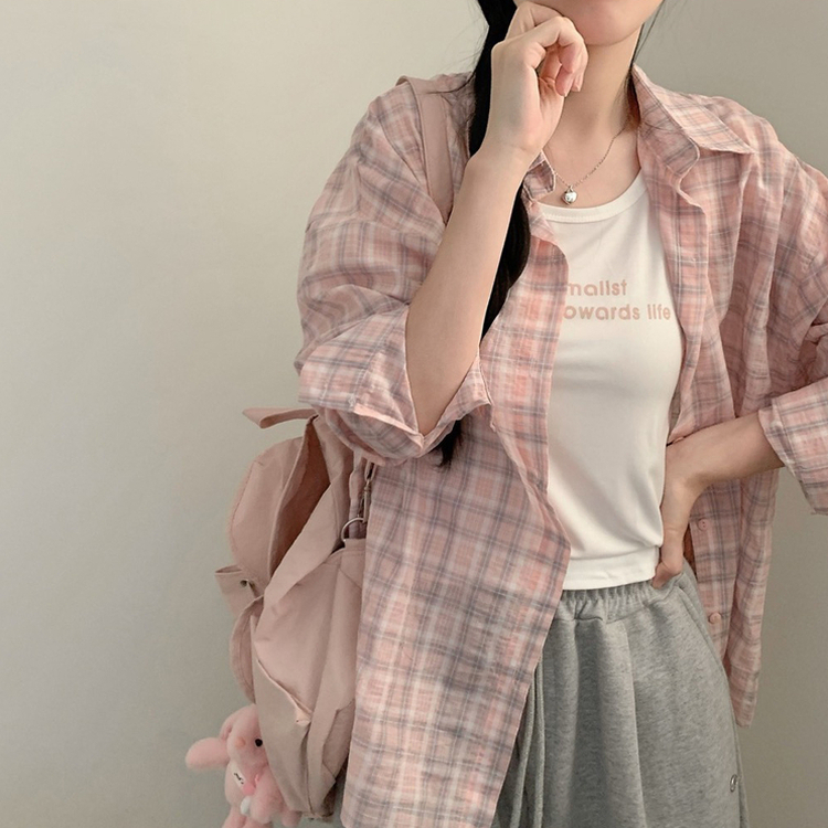 블루 밀크 파스텔 체크 긴팔 셔츠 레터링 나시 세트 여름 상의 여름옷 봄 봄옷 빈티지 소라 핑크 핑크