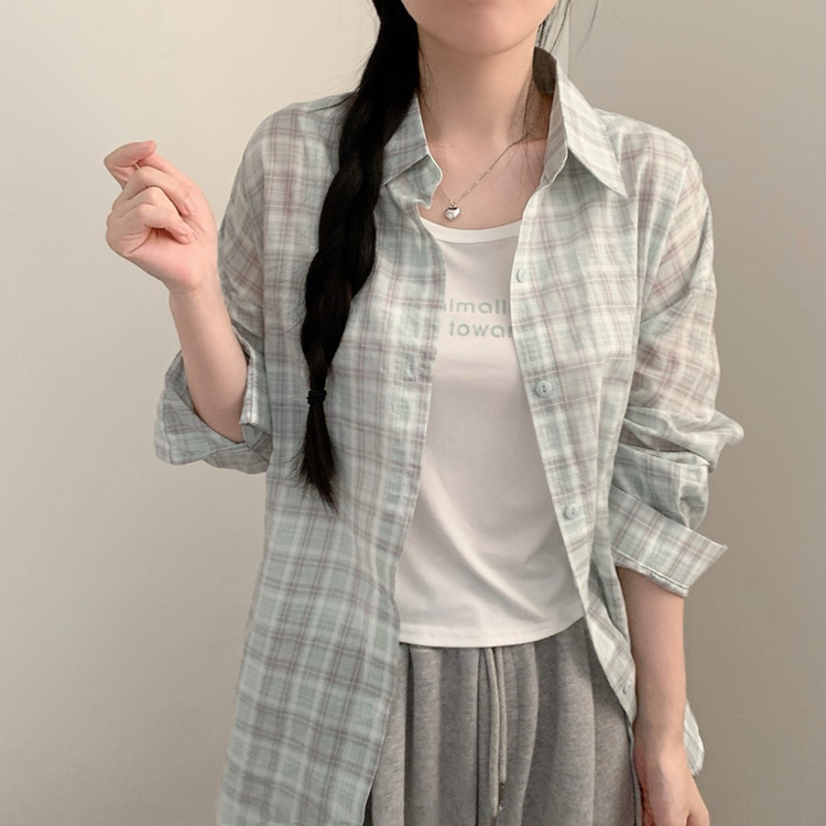 블루 밀크 파스텔 체크 긴팔 셔츠 레터링 나시 세트 여름 상의 여름옷 봄 봄옷 빈티지 소라 핑크 민트