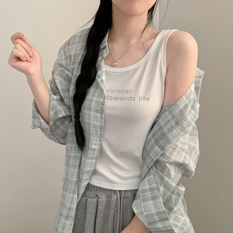 블루 밀크 파스텔 체크 긴팔 셔츠 레터링 나시 세트 여름 상의 여름옷 봄 봄옷 빈티지 소라 핑크 민트