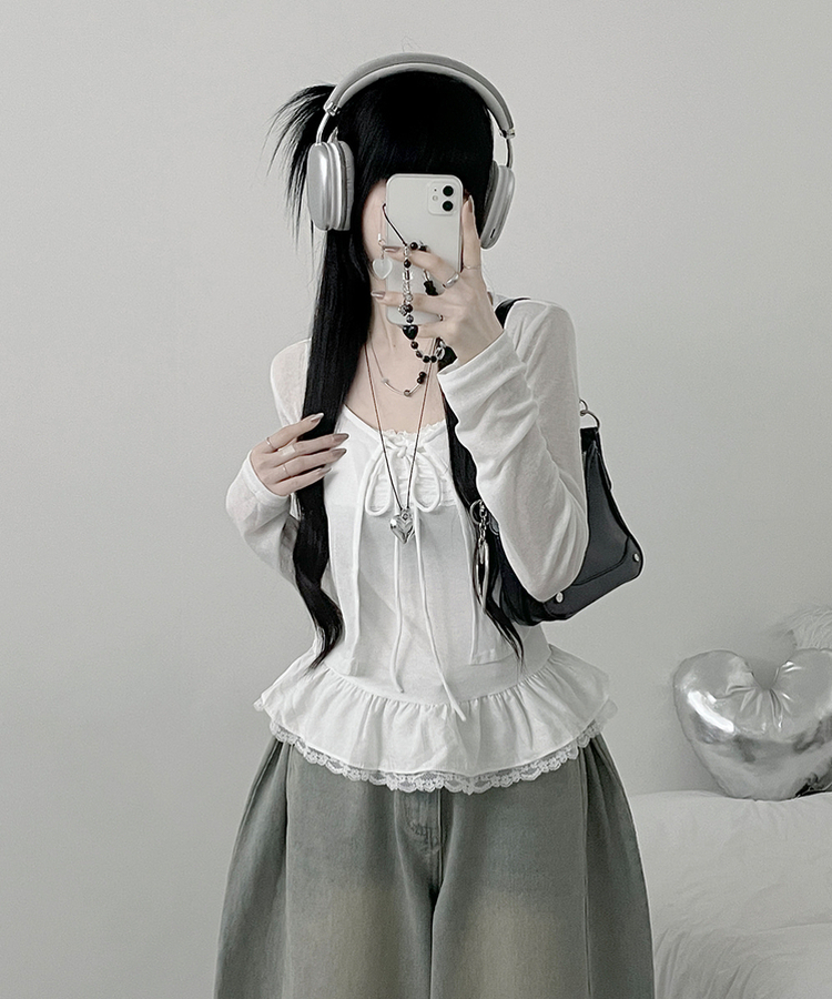 디븐레이스프릴레이어드나시리본끈가디건세트 화이트