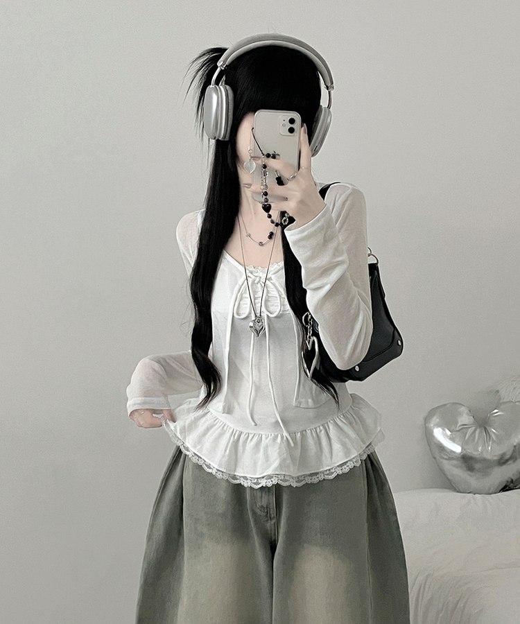 디븐레이스프릴레이어드나시리본끈가디건세트 화이트