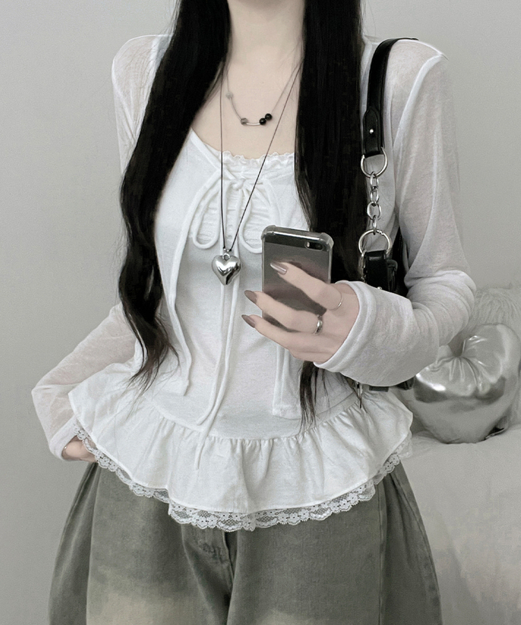 디븐레이스프릴레이어드나시리본끈가디건세트 화이트