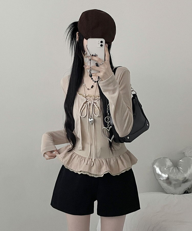 디븐레이스프릴레이어드나시리본끈가디건세트 연베이지