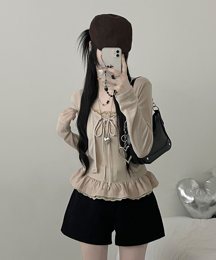 디븐레이스프릴레이어드나시리본끈가디건세트 연베이지