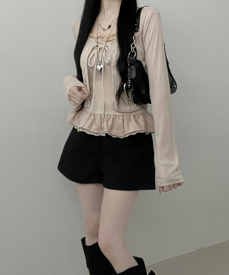 디븐레이스프릴레이어드나시리본끈가디건세트 연베이지