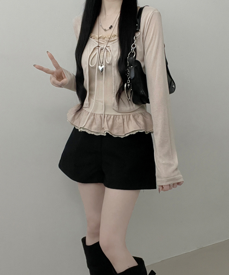 디븐레이스프릴레이어드나시리본끈가디건세트 연베이지