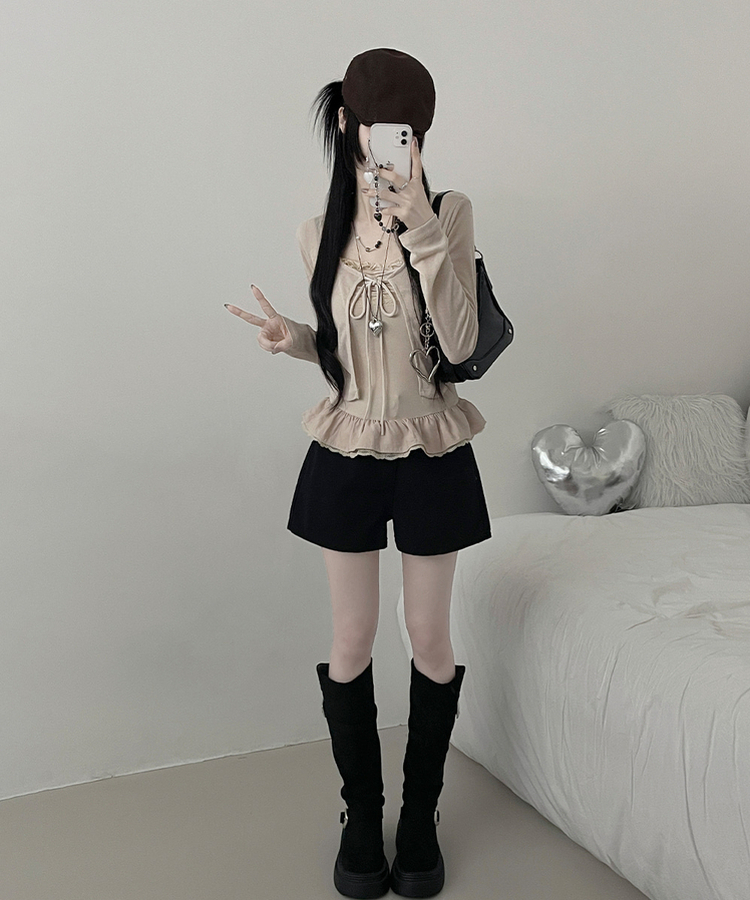 디븐레이스프릴레이어드나시리본끈가디건세트 연베이지