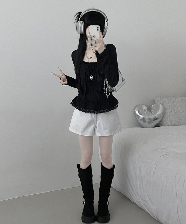 디븐레이스프릴레이어드나시리본끈가디건세트 블랙