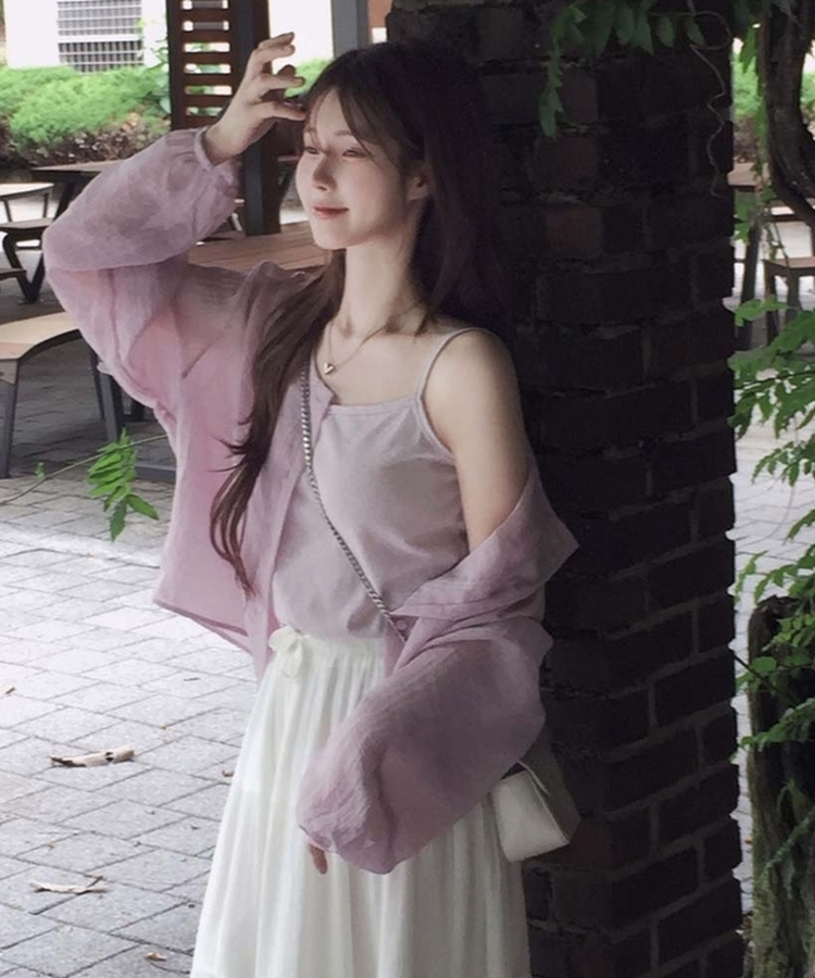 여름코디 끝 샤베트 블라우스 라운드 가디건 나시 투피스 세트 보라