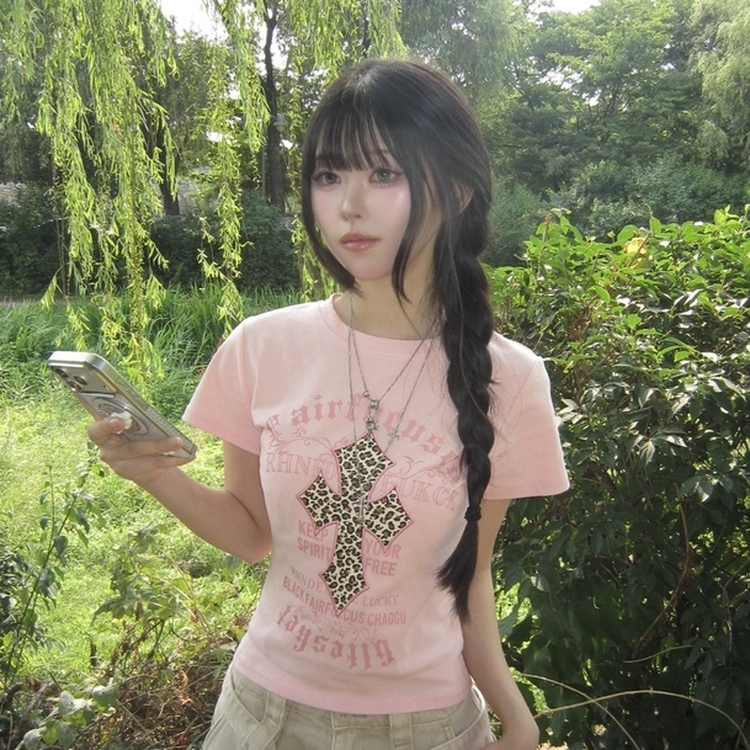 야호 갸루 키치 러블리 데일리 반팔 포인트 티셔츠 핑크