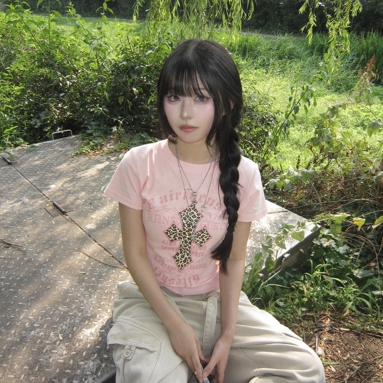 야호 갸루 키치 러블리 데일리 반팔 포인트 티셔츠 핑크