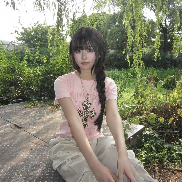 야호 갸루 키치 러블리 데일리 반팔 포인트 티셔츠 핑크