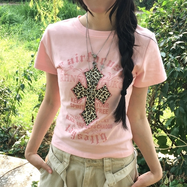 야호 갸루 키치 러블리 데일리 반팔 포인트 티셔츠 핑크