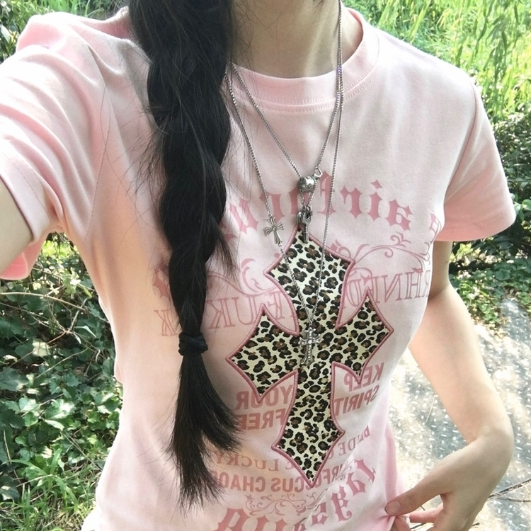 야호 갸루 키치 러블리 데일리 반팔 포인트 티셔츠 핑크