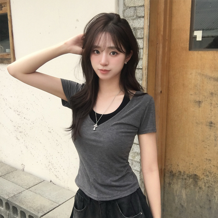 쫀쫀 브이디 레이어드 브이넥 홀터 나시 여름 반팔 티셔츠 허리잘록 일체형 반팔티 세미크롭 슬림핏 데일리 상의 4color 먹색