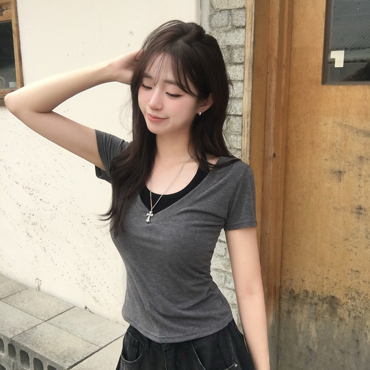 쫀쫀 브이디 레이어드 브이넥 홀터 나시 여름 반팔 티셔츠 허리잘록 일체형 반팔티 세미크롭 슬림핏 데일리 상의 4color 먹색