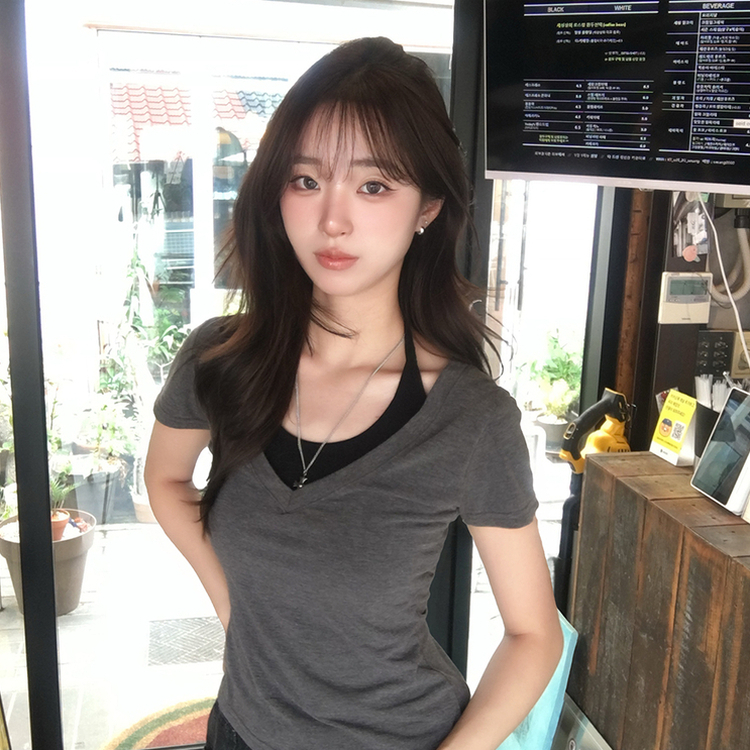 쫀쫀 브이디 레이어드 브이넥 홀터 나시 여름 반팔 티셔츠 허리잘록 일체형 반팔티 세미크롭 슬림핏 데일리 상의 4color 먹색
