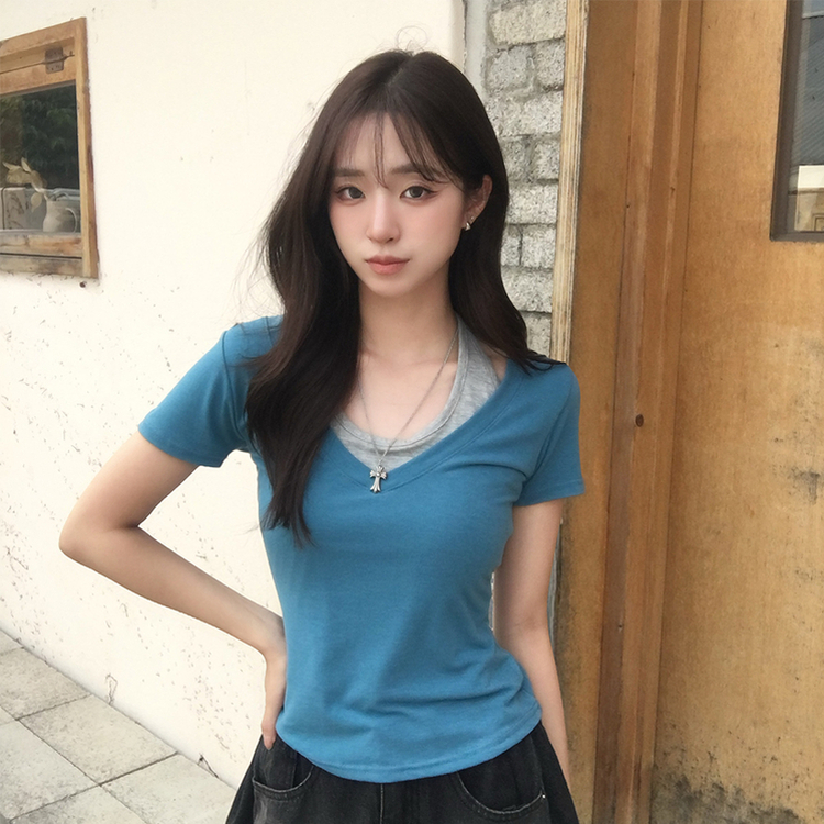 쫀쫀 브이디 레이어드 브이넥 홀터 나시 여름 반팔 티셔츠 허리잘록 일체형 반팔티 세미크롭 슬림핏 데일리 상의 4color 블루