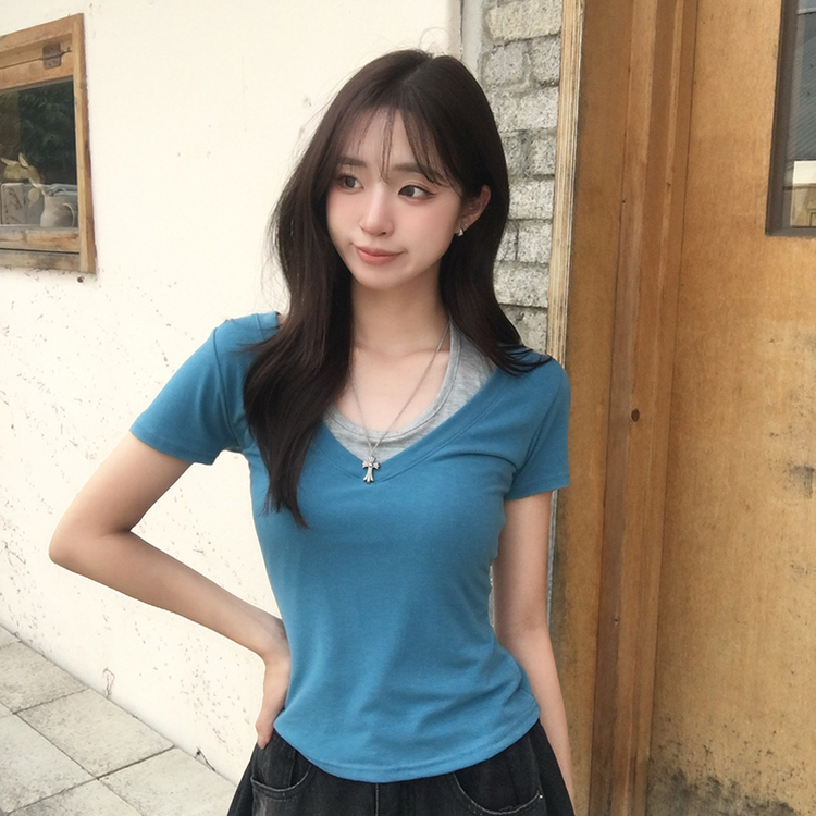 쫀쫀 브이디 레이어드 브이넥 홀터 나시 여름 반팔 티셔츠 허리잘록 일체형 반팔티 세미크롭 슬림핏 데일리 상의 4color 블루