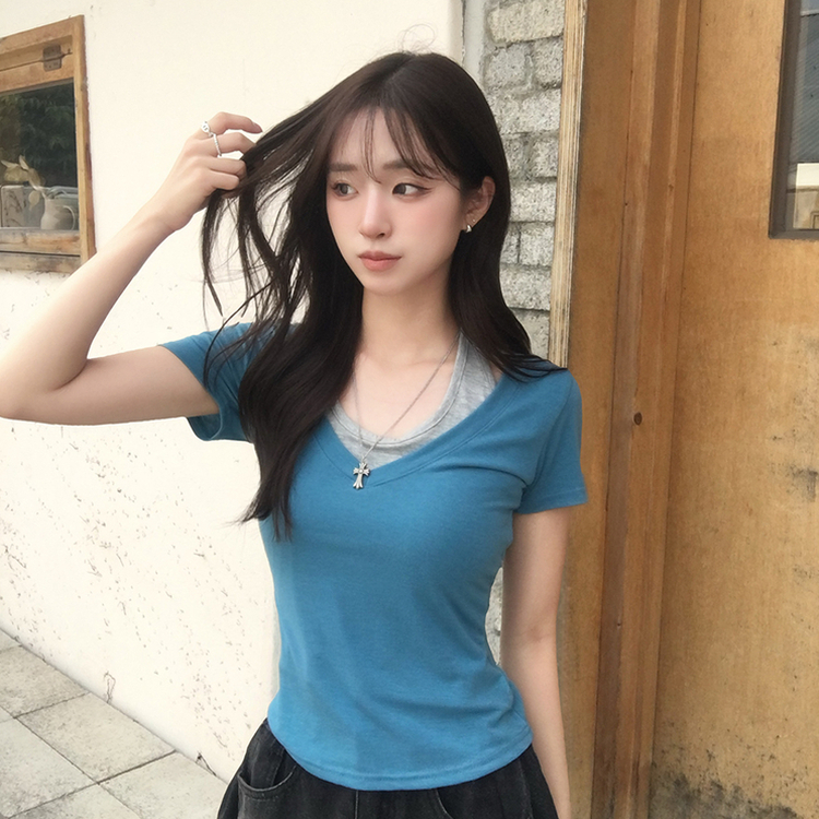 쫀쫀 브이디 레이어드 브이넥 홀터 나시 여름 반팔 티셔츠 허리잘록 일체형 반팔티 세미크롭 슬림핏 데일리 상의 4color 블루