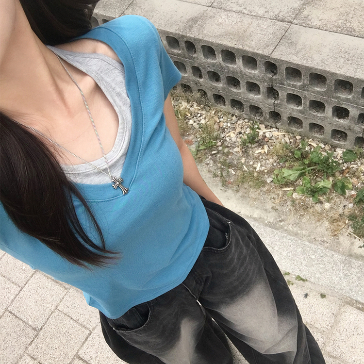 쫀쫀 브이디 레이어드 브이넥 홀터 나시 여름 반팔 티셔츠 허리잘록 일체형 반팔티 세미크롭 슬림핏 데일리 상의 4color 블루