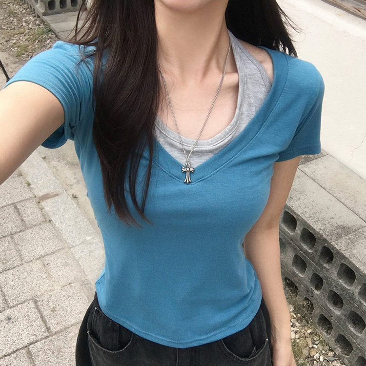 쫀쫀 브이디 레이어드 브이넥 홀터 나시 여름 반팔 티셔츠 허리잘록 일체형 반팔티 세미크롭 슬림핏 데일리 상의 4color 블루
