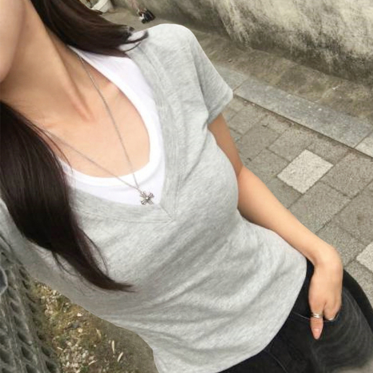 쫀쫀 브이디 레이어드 브이넥 홀터 나시 여름 반팔 티셔츠 허리잘록 일체형 반팔티 세미크롭 슬림핏 데일리 상의 4color 그레이