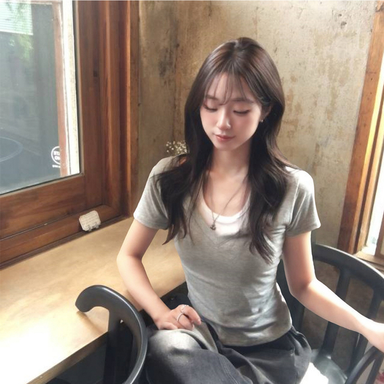 쫀쫀 브이디 레이어드 브이넥 홀터 나시 여름 반팔 티셔츠 허리잘록 일체형 반팔티 세미크롭 슬림핏 데일리 상의 4color 그레이