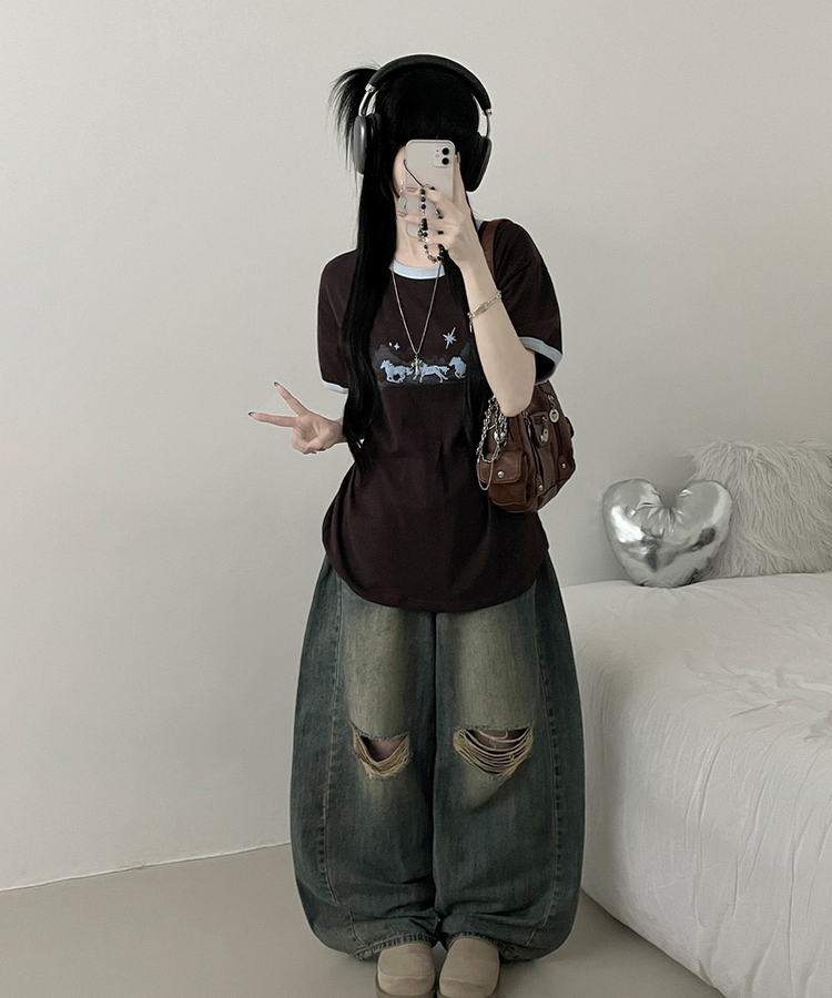 미드나잇링거배색레이어드박스핏반팔티셔츠 밤색
