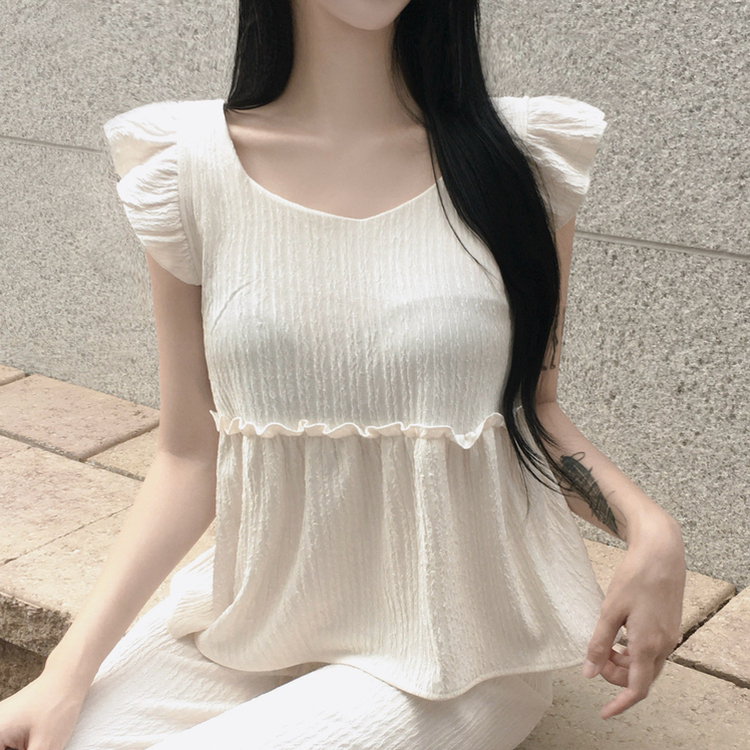 【SET】フリルプリーツブラウス＋バンディングパンツ IVORY