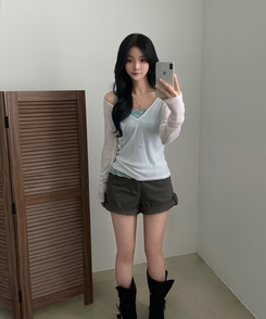 플리 딥브이 시스루 골지 긴팔티셔츠 8color 아이보리