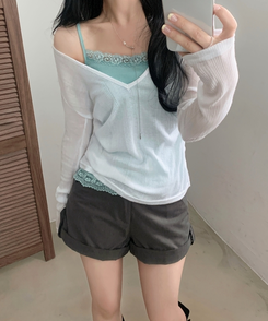 플리 딥브이 시스루 골지 긴팔티셔츠 8color 아이보리
